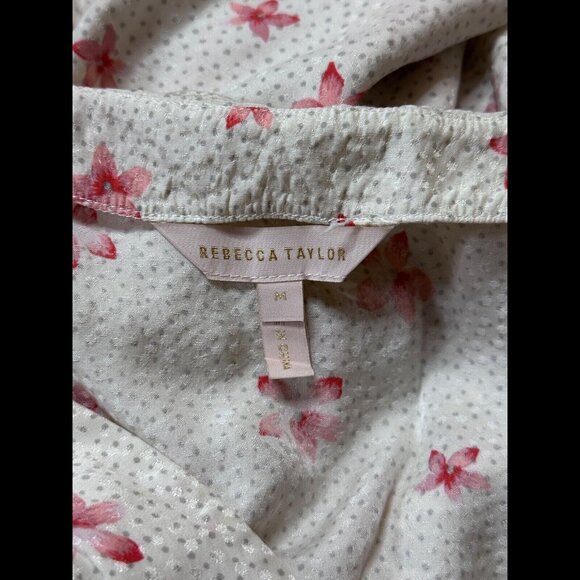 Rebecca Taylor Dress Medium V Neck Floral Pocket Metallic Polka Dot Ruffled Silk - Picture 8 of 10